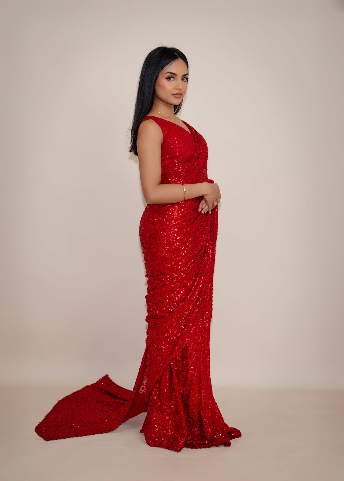 NALA Ruby Red ready-to-wear georgette saree set by ELARA CPH