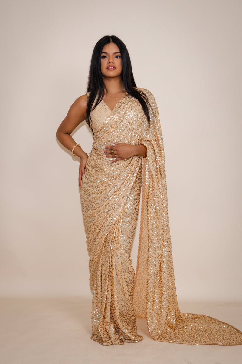 NALA Sequin Gold Beige ready-to-wear georgette saree set by ELARA CPH