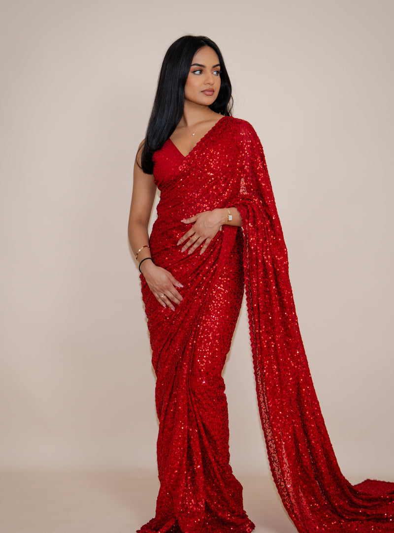 NALA Ruby Red ready-to-wear georgette saree set by ELARA CPH