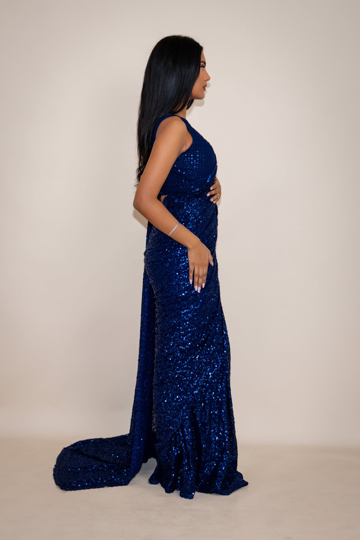 NALA Sequin Blue ready-to-wear georgette saree set by ELARA CPH