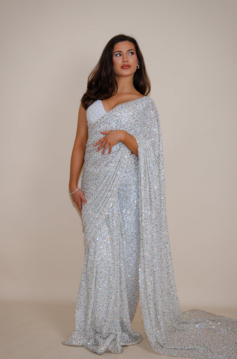 NALA Snow White ready-to-wear georgette saree set by ELARA CPH