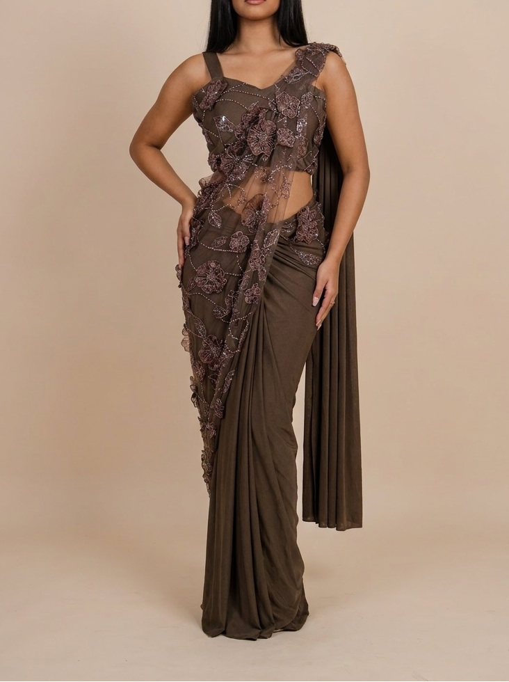 FLORA Mocha Brown ready-to-wear saree set by ELARA CPH