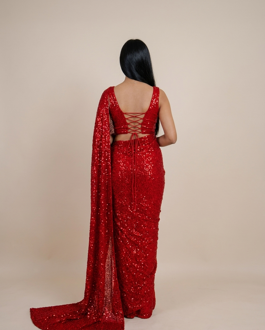 NALA Ruby Red ready-to-wear georgette saree set by ELARA CPH