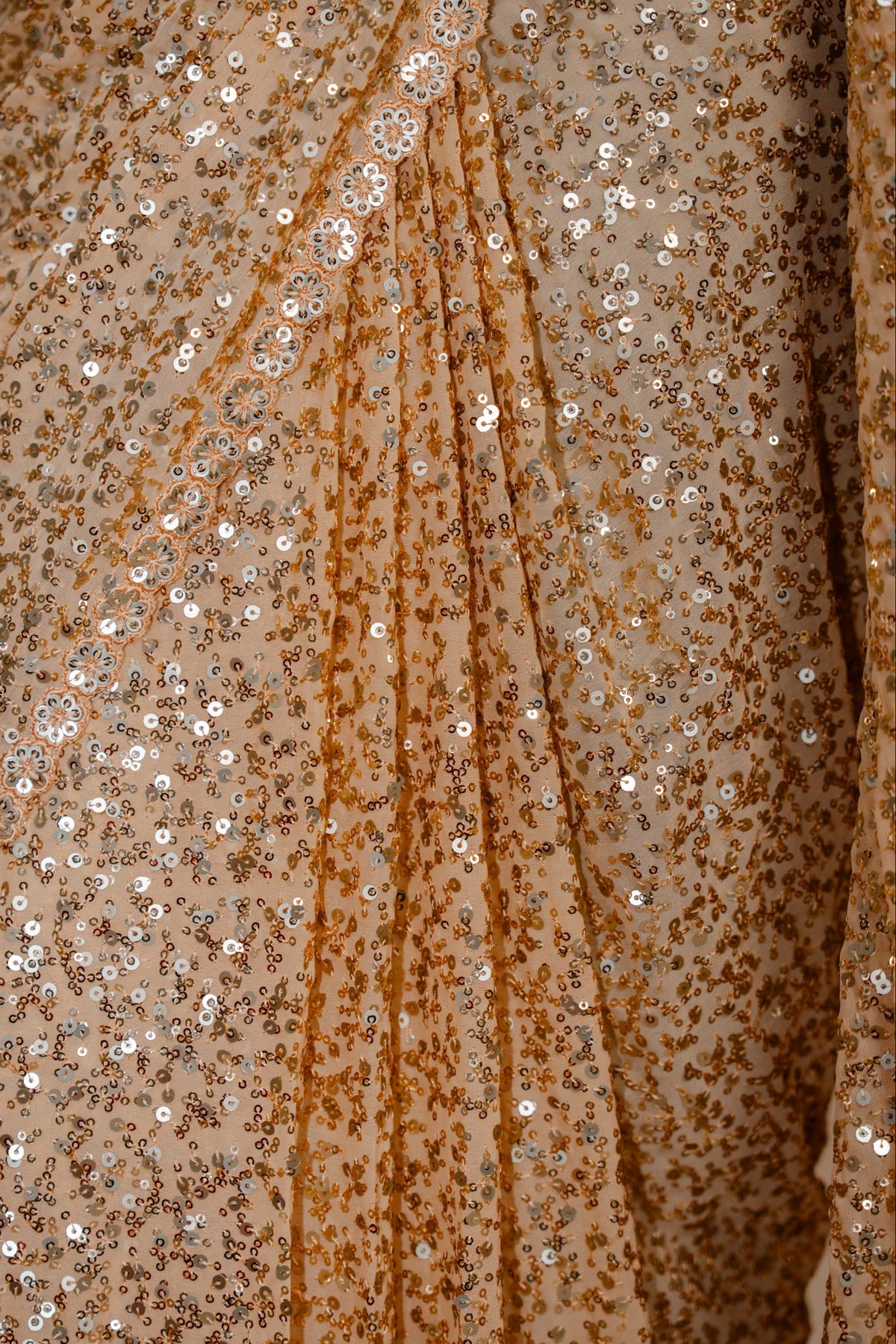 NALA Sequin Gold Beige ready-to-wear georgette saree set by ELARA CPH