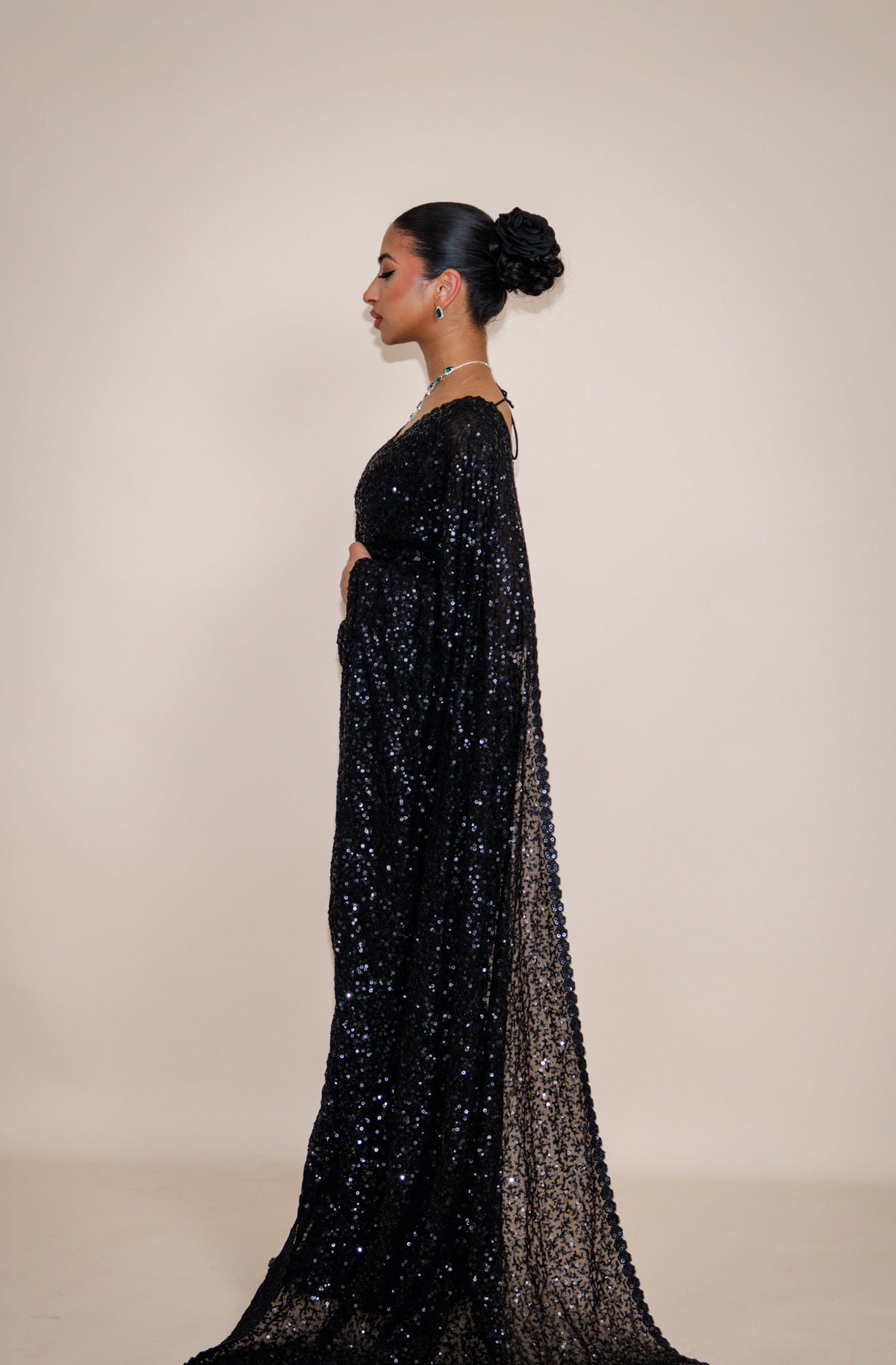 NALA Sequin Black ready-to-wear georgette saree set by ELARA CPH