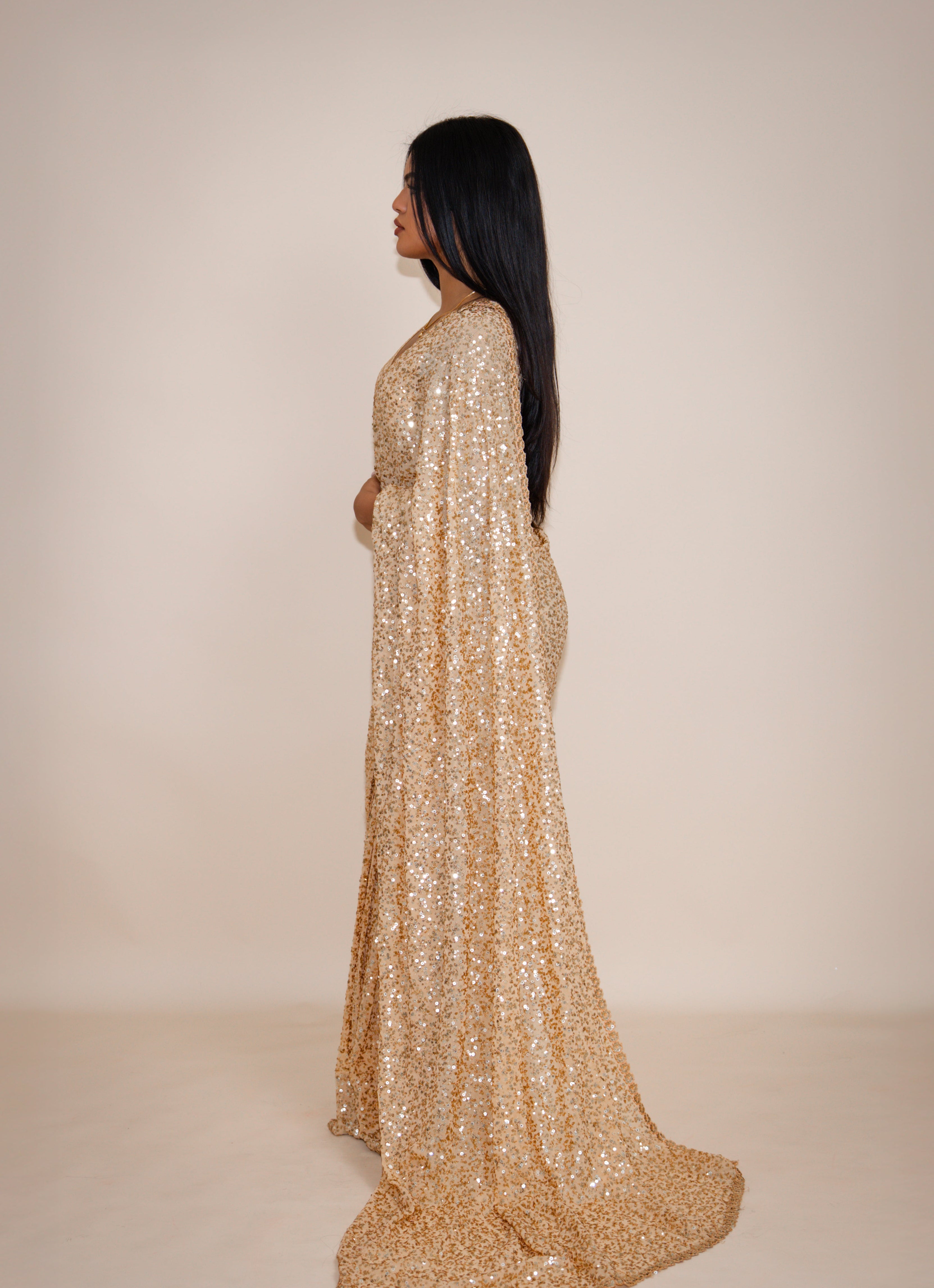 NALA Sequin Gold Beige ready-to-wear georgette saree set by ELARA CPH