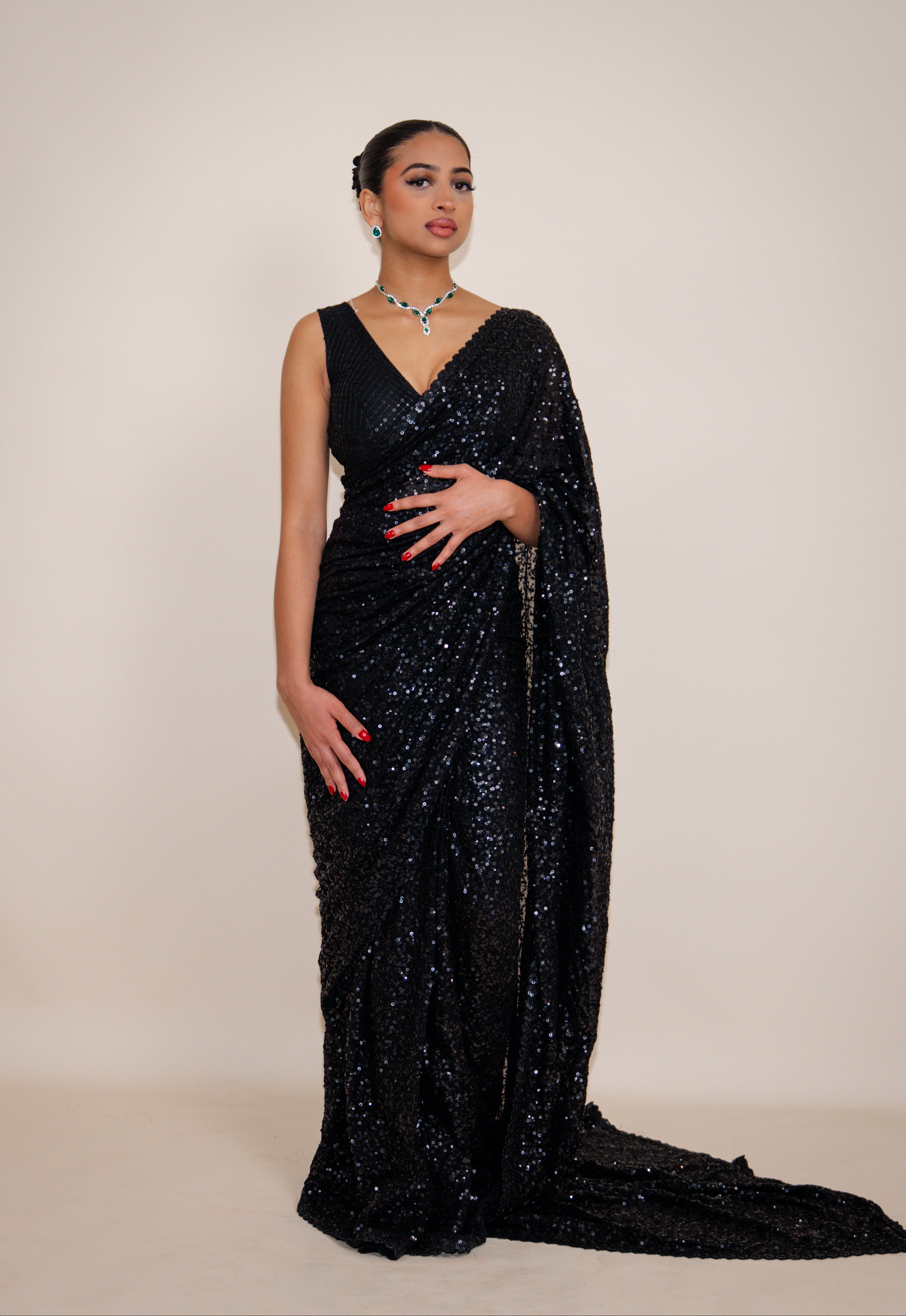 NALA Sequin Black ready-to-wear georgette saree set by ELARA CPH