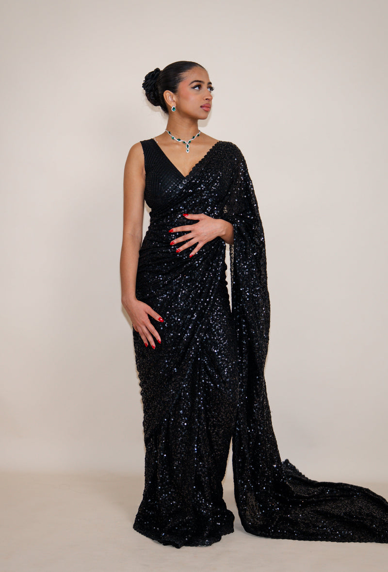 NALA Sequin Black ready-to-wear georgette saree set by ELARA CPH