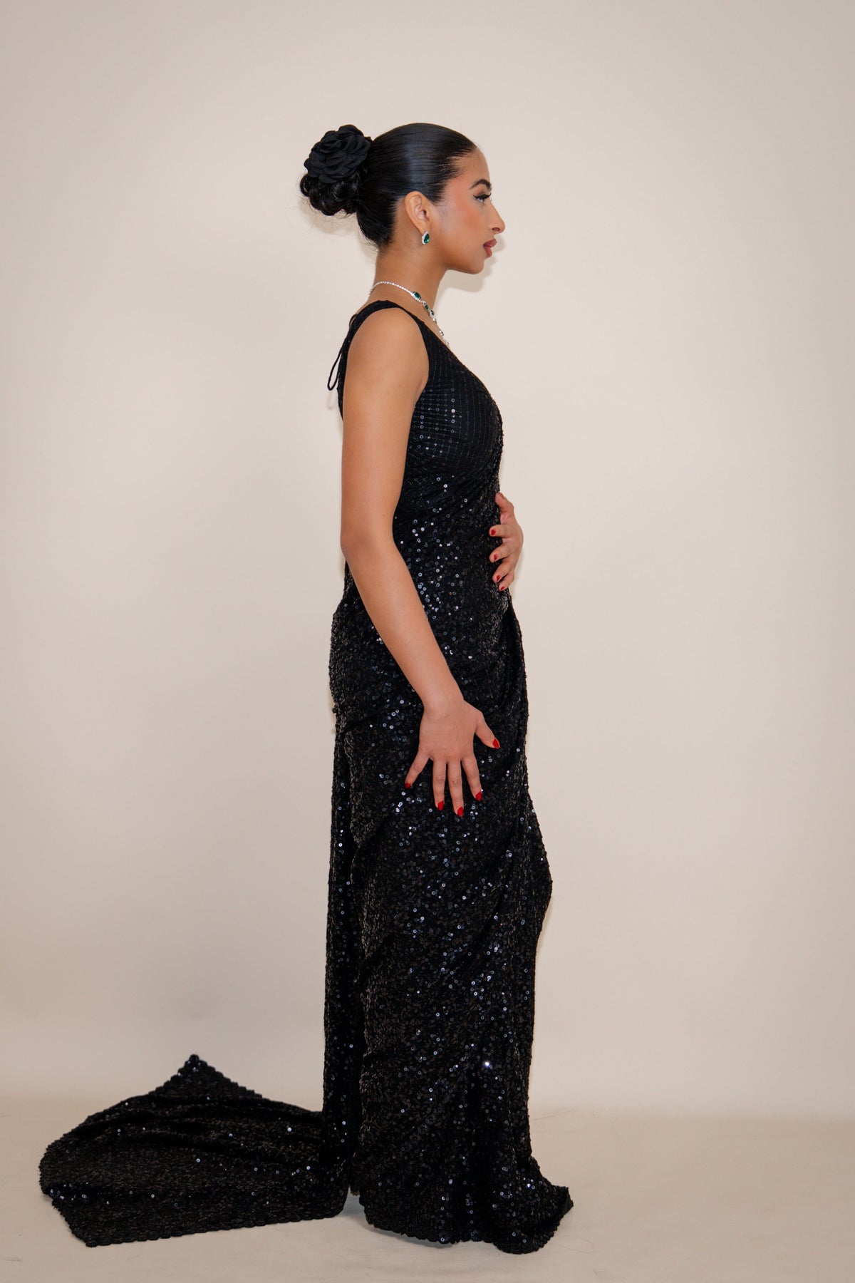 NALA Sequin Black ready-to-wear georgette saree set by ELARA CPH