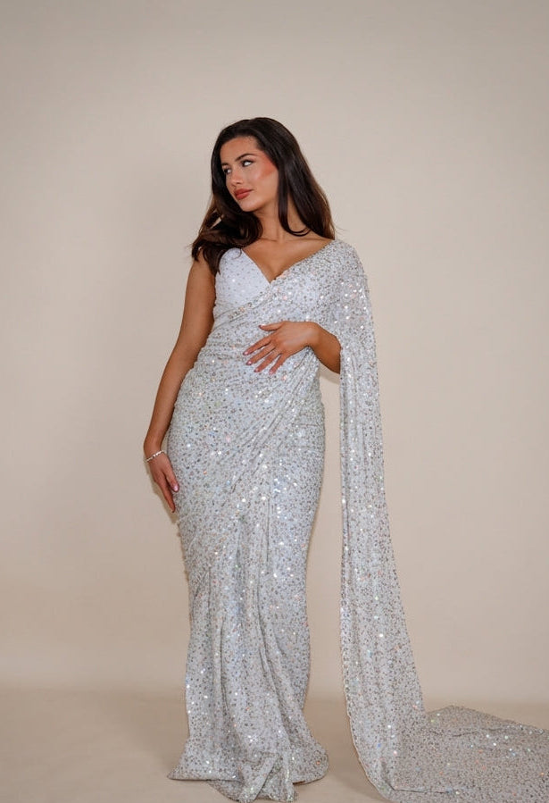 NALA Snow White ready-to-wear georgette saree set by ELARA CPH