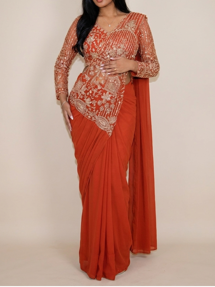 SARELLE Orange Red ready-to-wear saree set by ELARA CPH