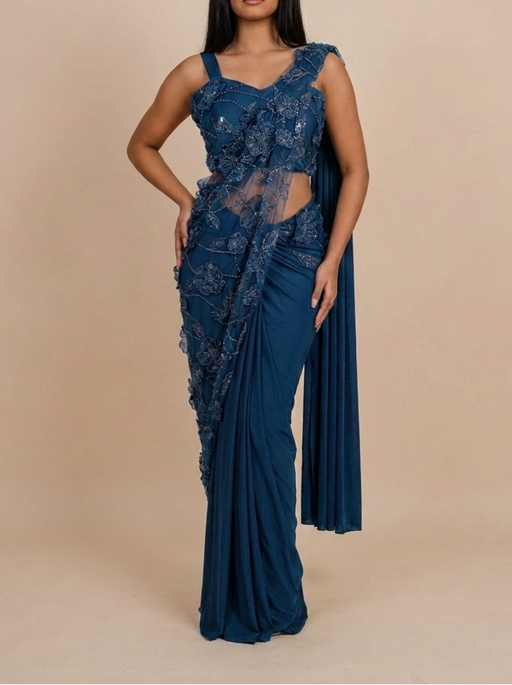 FLORA Blue ready-to-wear saree set by ELARA CPH