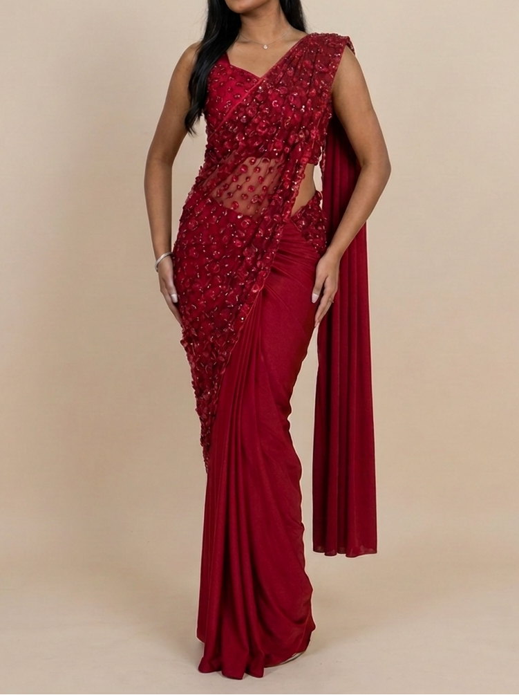 BLOOM Cherry Red ready-to-wear saree set by ELARA CPH