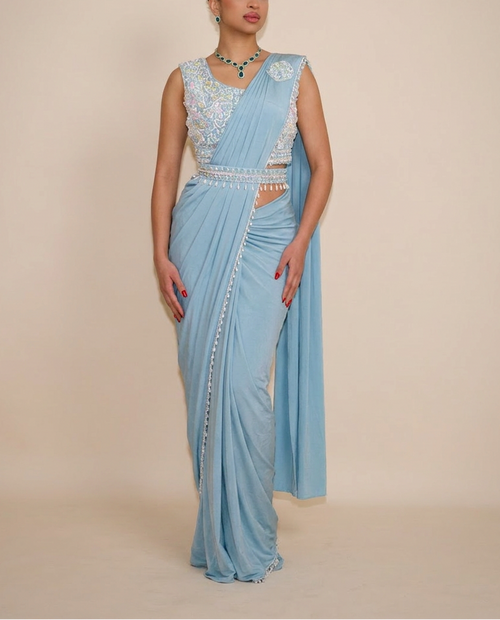 ELANE Pastel Blue ready-to-wear saree set by ELARA CPH