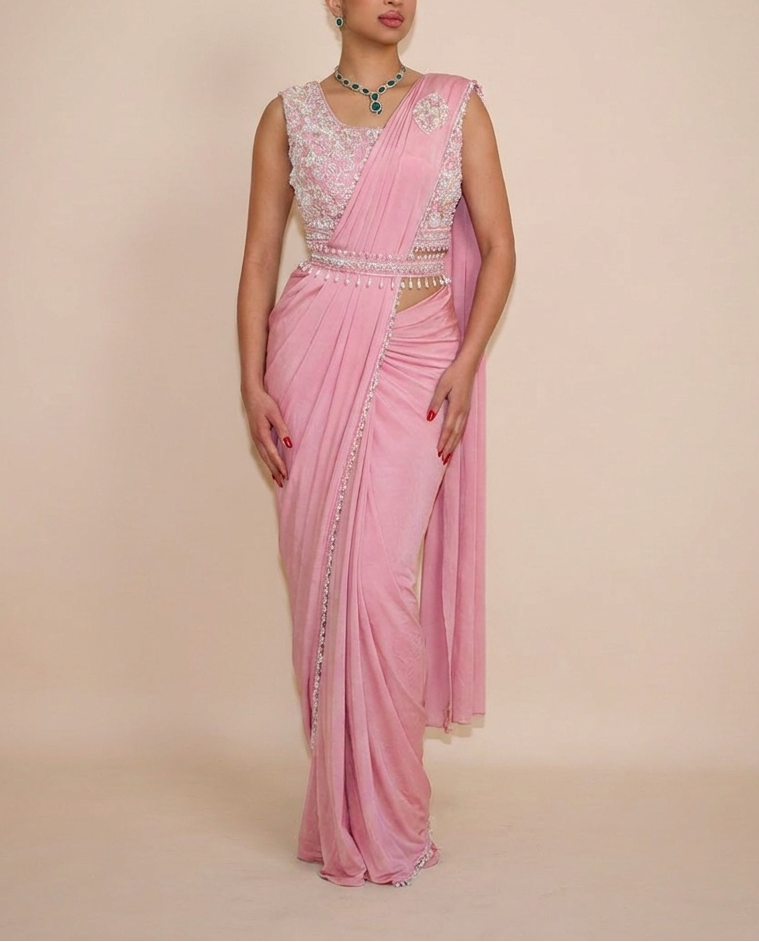 ELANE Pastel Pink ready-to-wear saree set by ELARA CPH