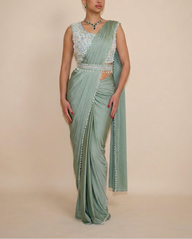 ELANE Pastel Blue ready-to-wear saree set by ELARA CPH