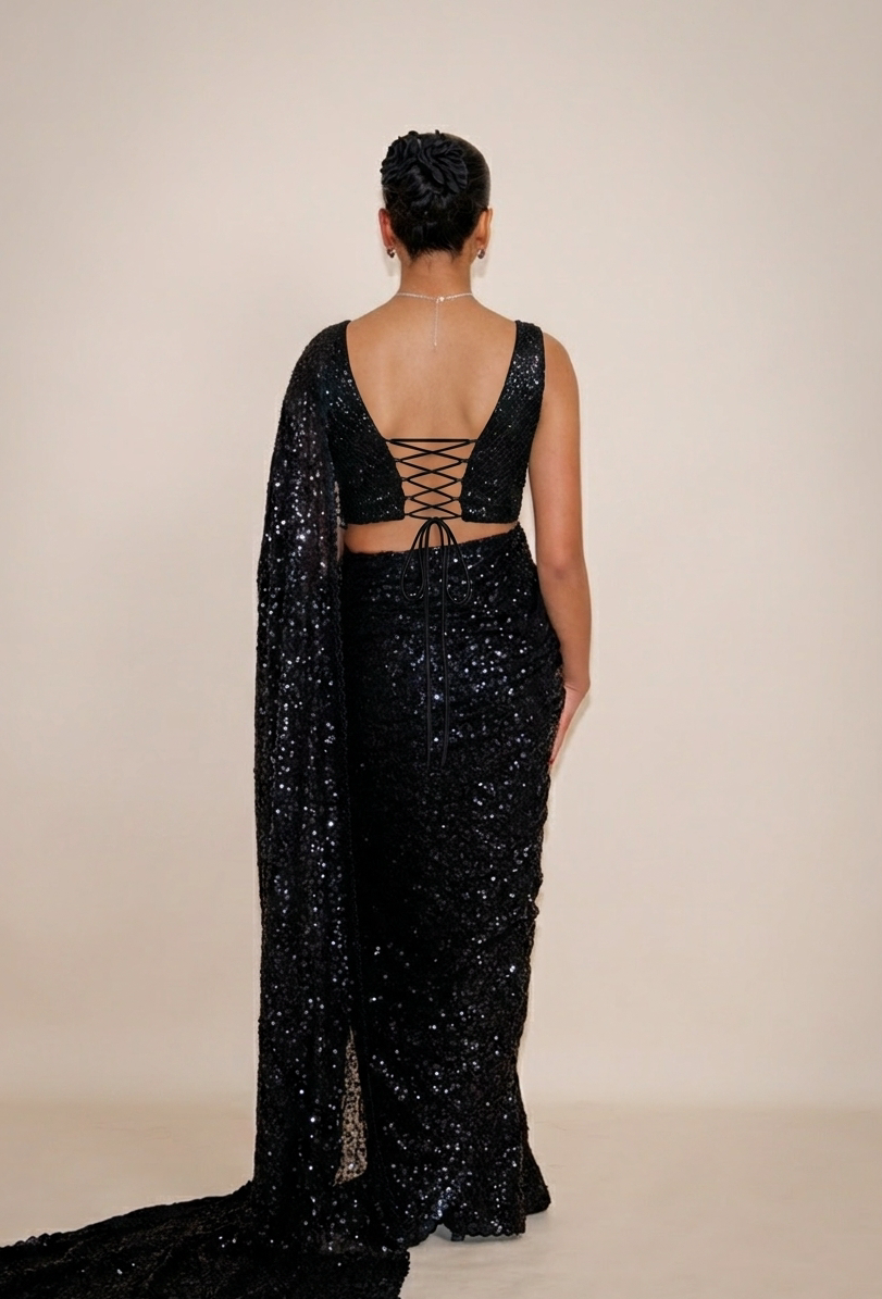 NALA Sequin Black ready-to-wear georgette saree set by ELARA CPH