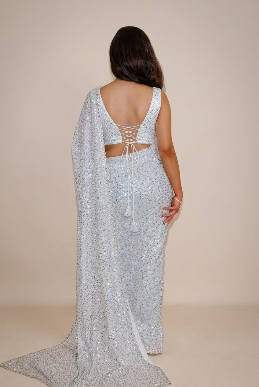 NALA Snow White ready-to-wear georgette saree set by ELARA CPH