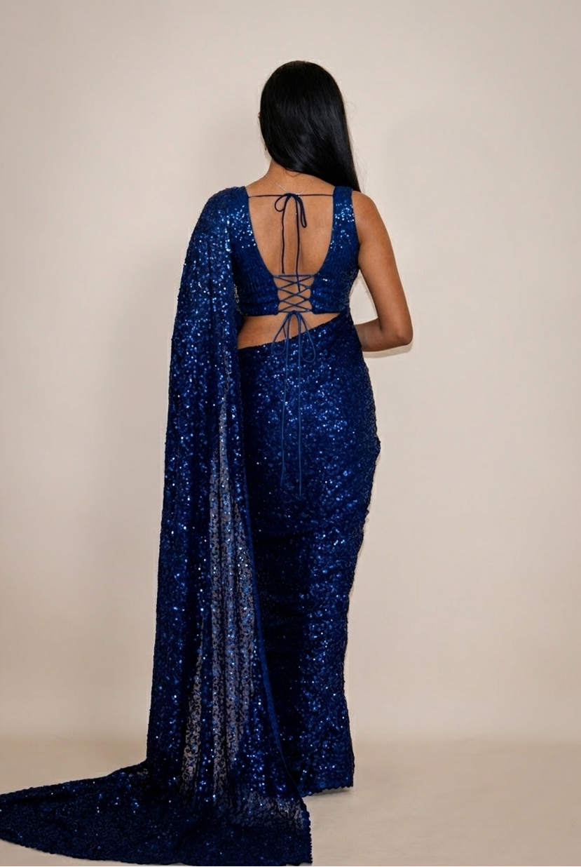 NALA Sequin Blue ready-to-wear georgette saree set by ELARA CPH