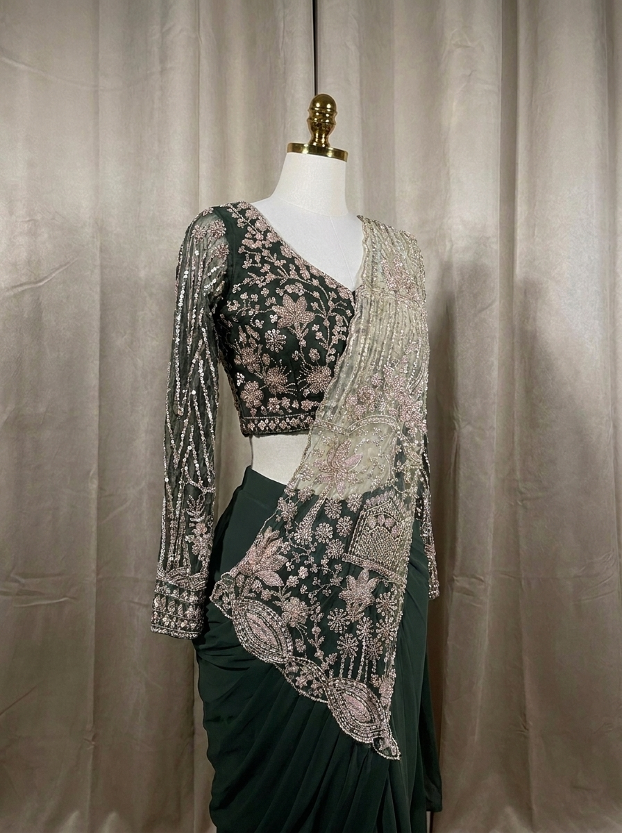 SARELLE Green ready-to-wear saree set by ELARA CPH